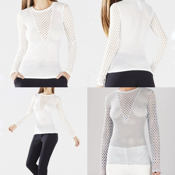 BCBG Max Azria ‘Elain' Long Sleeve Stretch White Mesh Top Long Sleeve Sheer Mesh - Picture 1 of 12